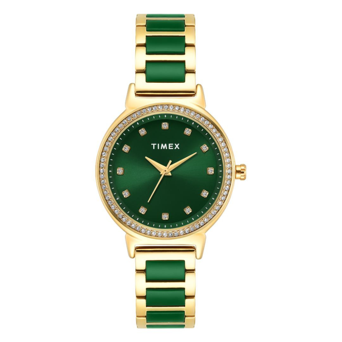 Timex Women's Green Dial Square Analogue Watch with Gold Metal Strap