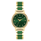 Timex Women's Green Dial Square Analogue Watch with Gold Metal Strap