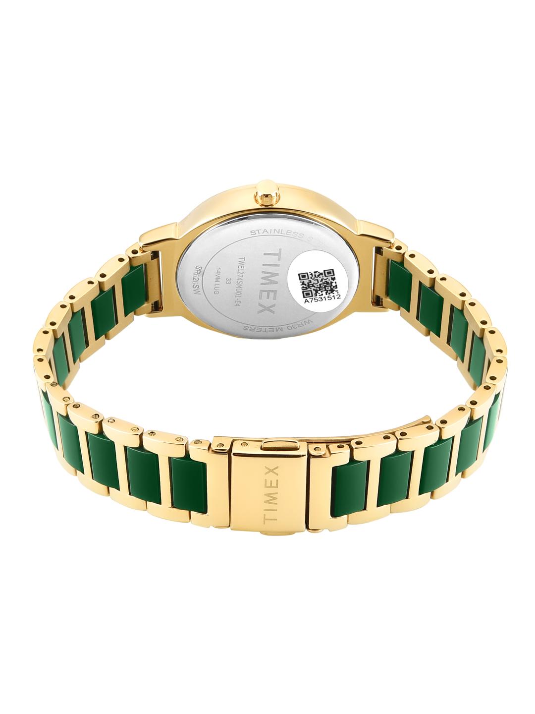 Timex Women 33 mm Quartz Analog Green Dial Brass Strap Watch TWEL274SMU01