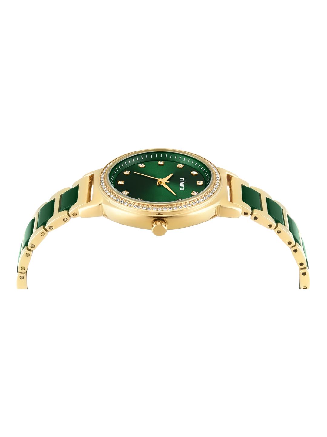 Timex Women 33 mm Quartz Analog Green Dial Brass Strap Watch TWEL274SMU01
