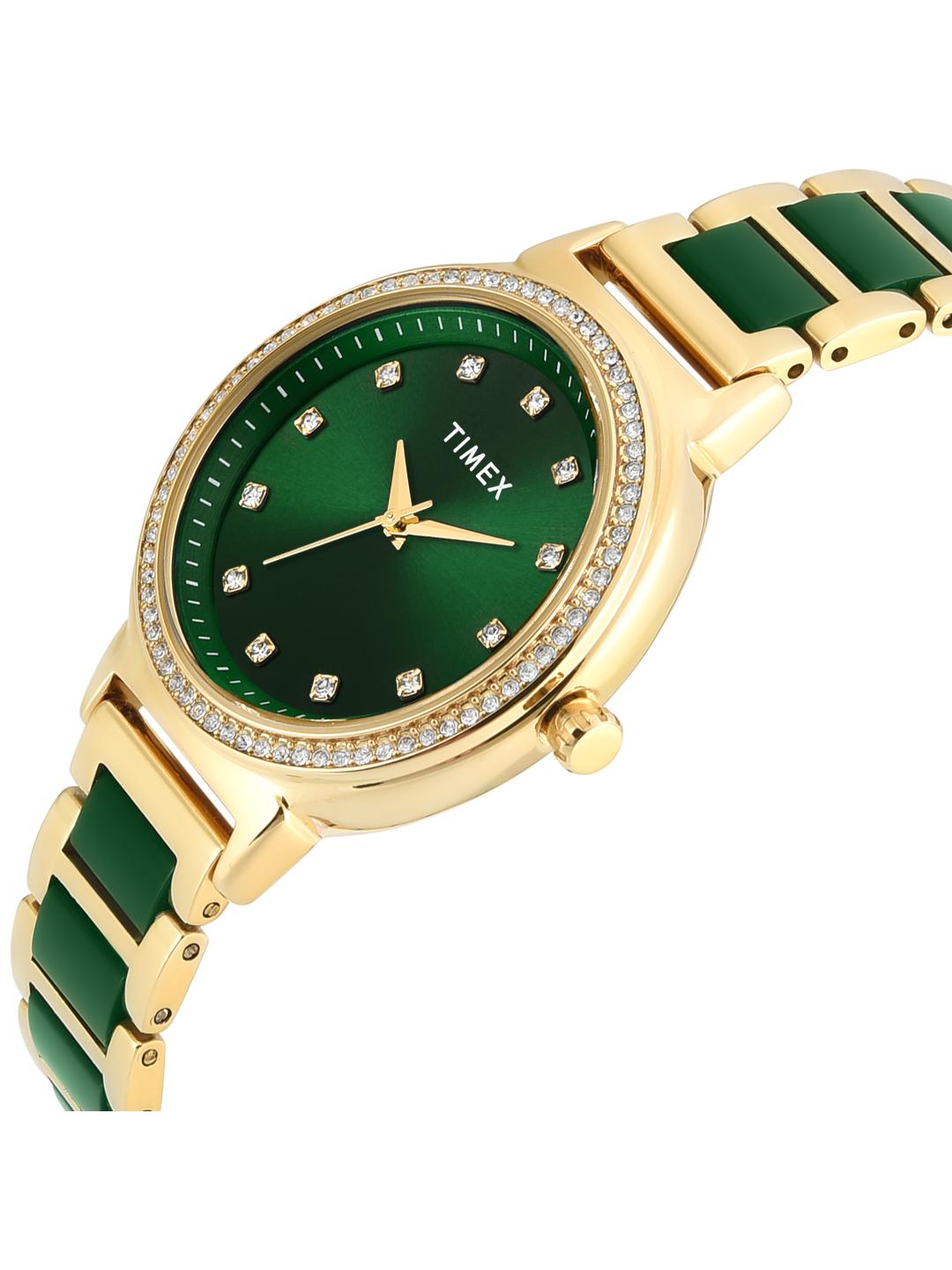 Timex Women 33 mm Quartz Analog Green Dial Brass Strap Watch TWEL274SMU01