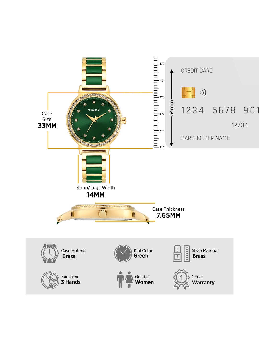 Timex Women 33 mm Quartz Analog Green Dial Brass Strap Watch TWEL274SMU01