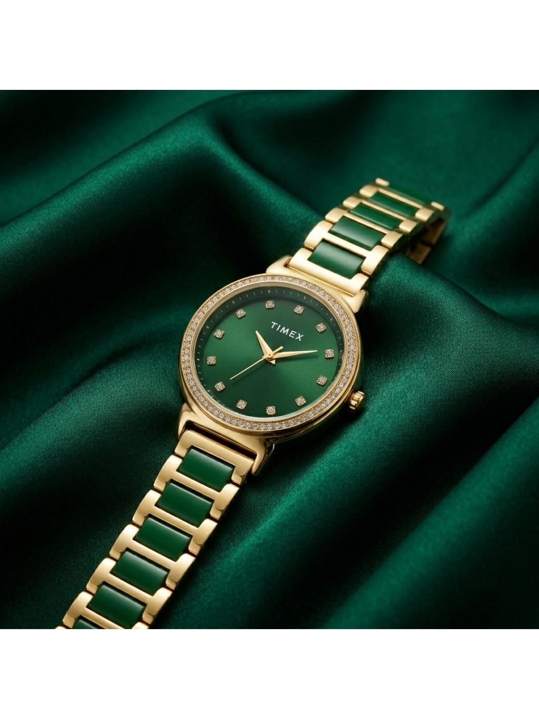 Timex Women 33 mm Quartz Analog Green Dial Brass Strap Watch TWEL274SMU01