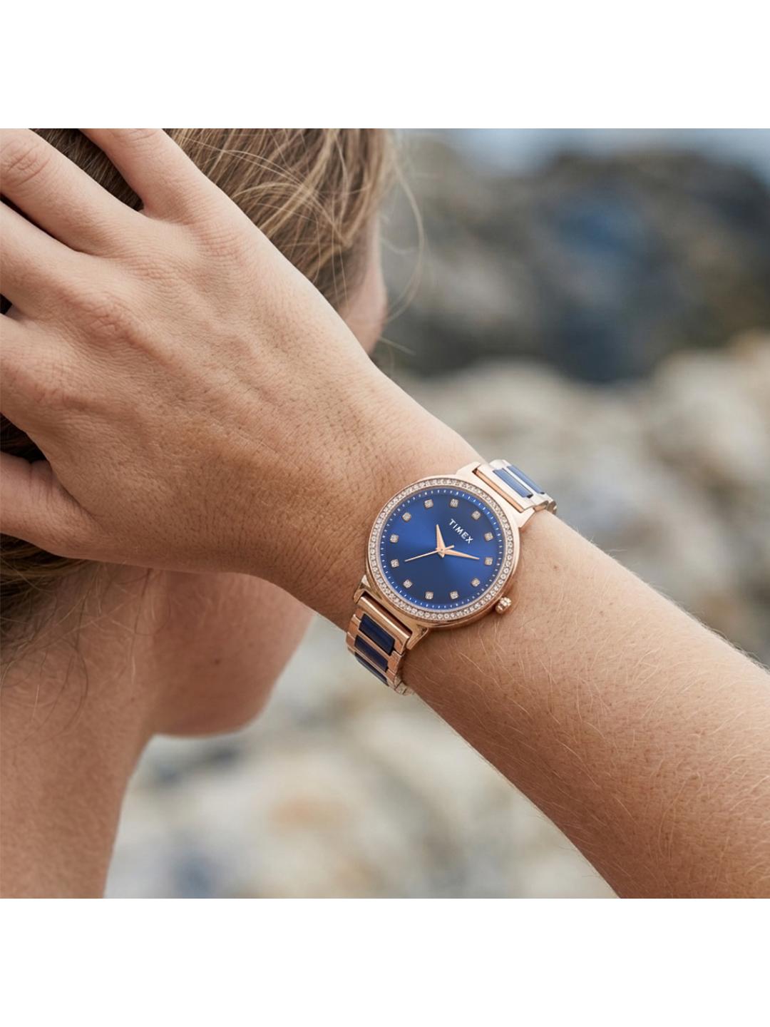 Timex Women 33 mm Quartz Analog Blue Dial Brass Strap Watch TWEL274SMU02
