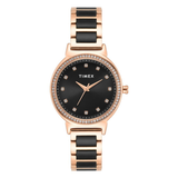 Timex Women's Black Dial Square Analogue Watch with Rose Gold Metal Strap