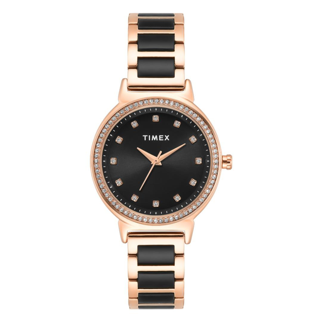 Timex Women's Black Dial Square Analogue Watch with Rose Gold Metal Strap