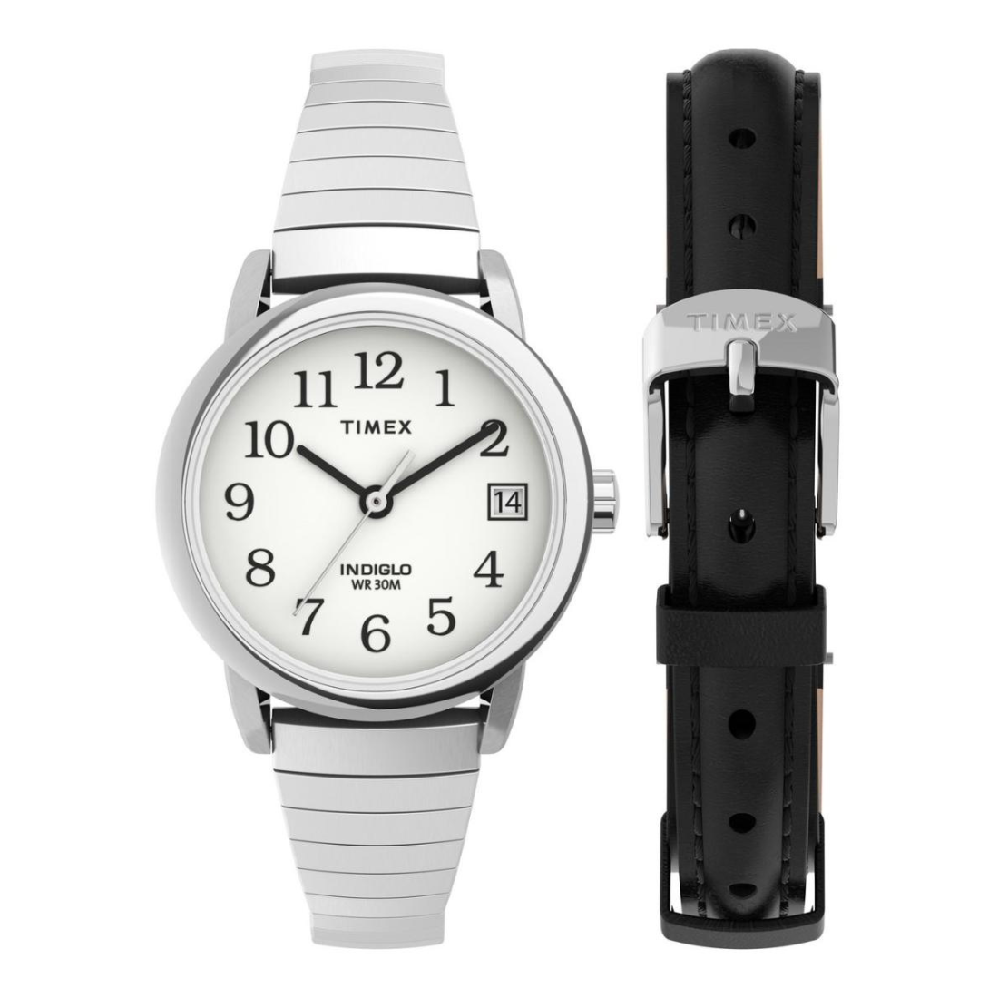 Timex Indiglo wristwatch with a silver metal link bracelet and white dial, shown alongside a separate black leather strap with a silver buckle on a white background.