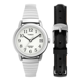 Timex Indiglo wristwatch with a silver metal link bracelet and white dial, shown alongside a separate black leather strap with a silver buckle on a white background.