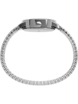 Silver stainless steel watch band and case viewed from the back, featuring a polished metallic finish and a circular layout on a solid white background.