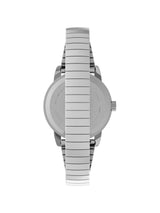 Silver-tone stainless steel watch with a horizontally striped metal link bracelet, shown from the back on a plain white background.