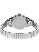 The back view of a silver-tone stainless steel watch with a matching metal link bracelet, featuring the TIMEX brand name engraved on the circular case back, set against a plain white background.