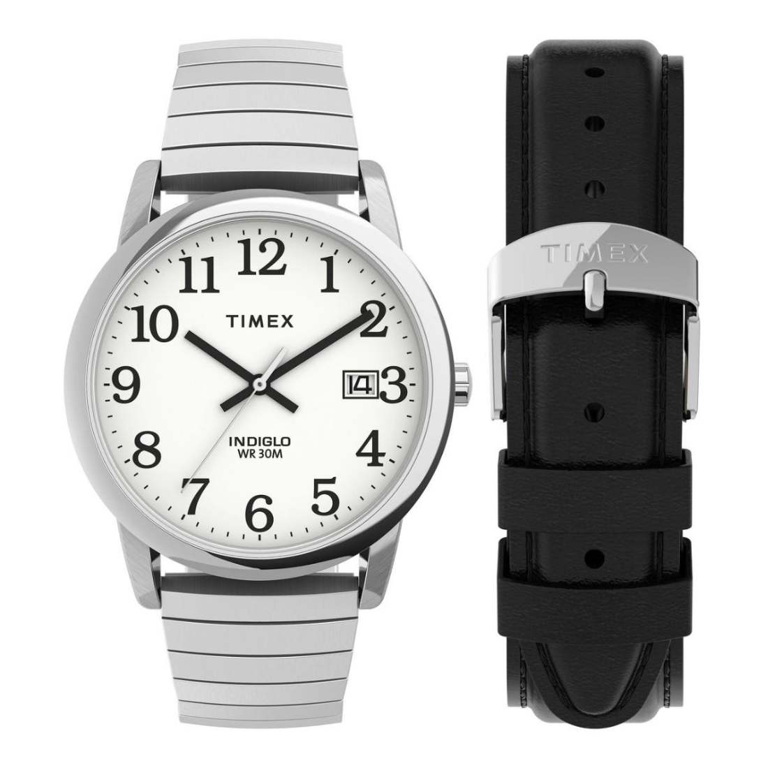 A Timex Indiglo wristwatch with a silver-tone metal case and link bracelet, shown alongside a separate black rubber strap with a silver buckle. The watch features a white dial with black Arabic numerals and hands.