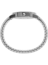 Silver stainless steel watch band with a matching metal case, shown from the back on a plain white background.