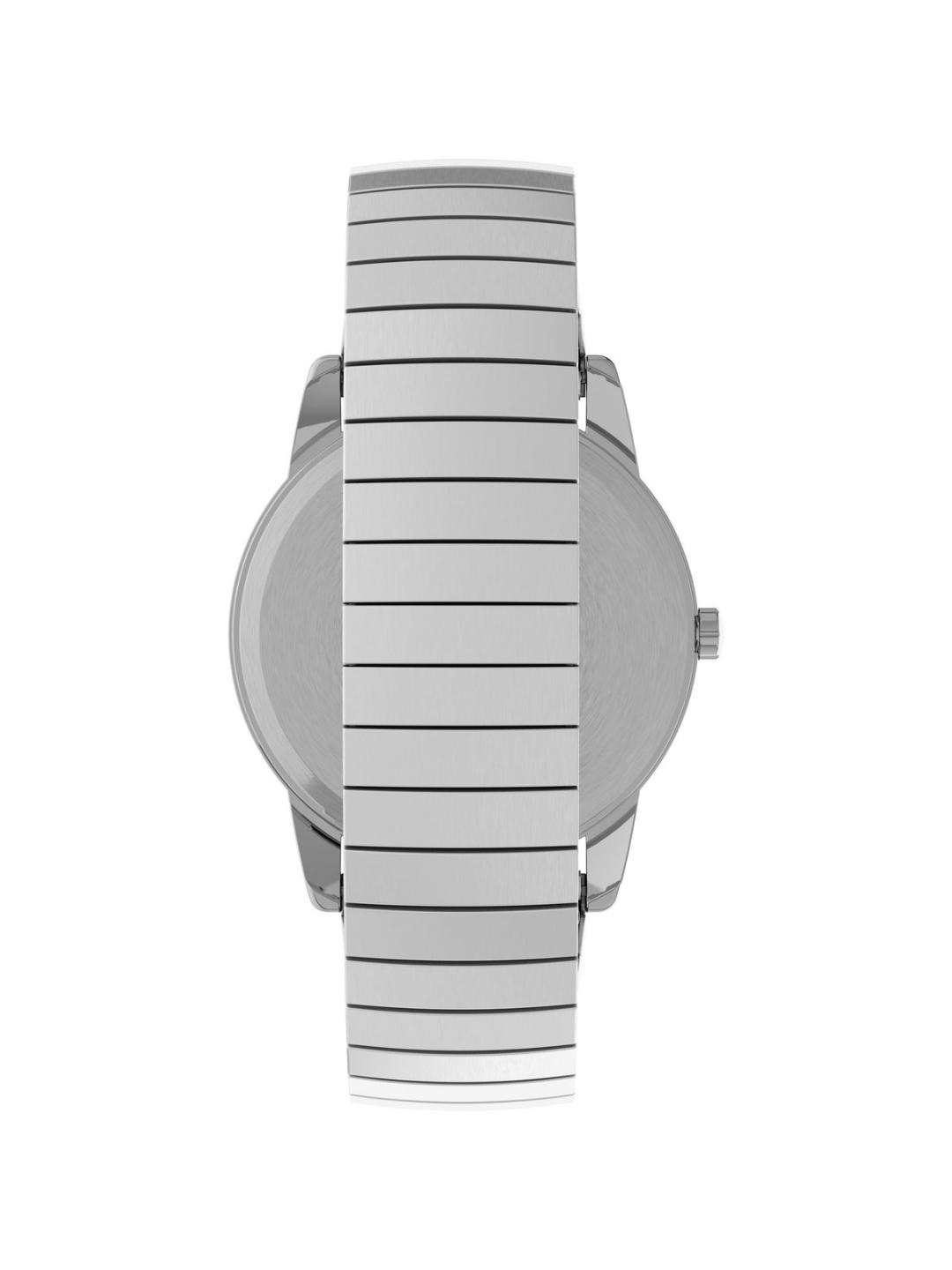 Silver-tone stainless steel watch with a horizontally striped metal link band, shown from the back on a white background.