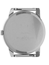 Close-up of the back of a Timex wristwatch showing a brushed stainless steel case with engraved text including 'TIMEX' and 'CR2032 CELL'.