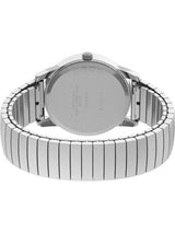 The back view of a silver stainless steel wrist watch with a multi-link metal bracelet, showing the brushed metal case back and crown on a plain white background.