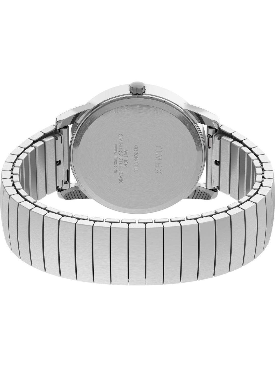 The back view of a silver stainless steel wrist watch with a multi-link metal bracelet, showing the brushed metal case back and crown on a plain white background.
