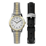 A Timex analog wristwatch with a two-tone silver and gold metal bracelet, white dial, and a separate black leather strap shown beside it on a white background.