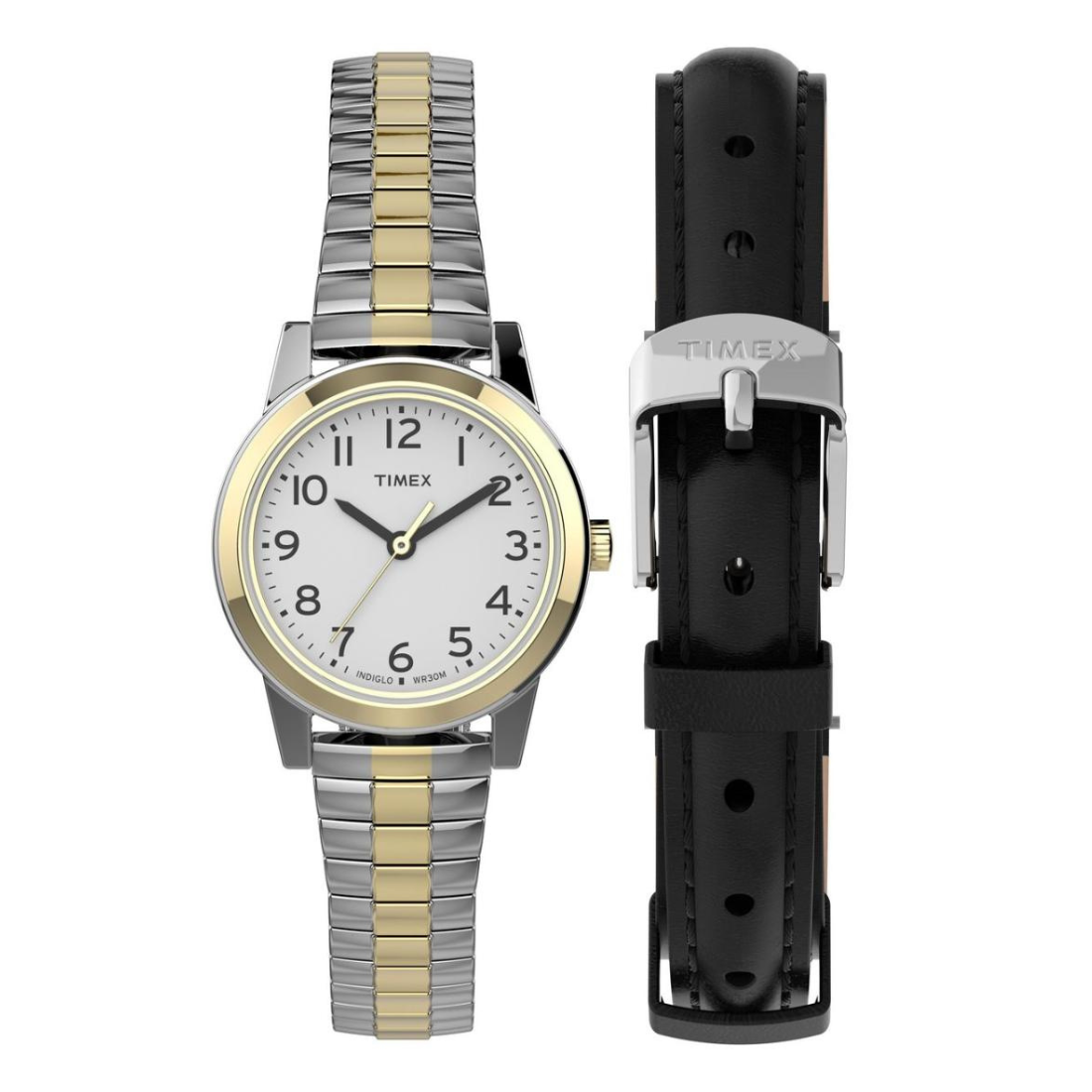 A Timex analog wristwatch with a two-tone silver and gold metal bracelet, white dial, and a separate black leather strap shown beside it on a white background.
