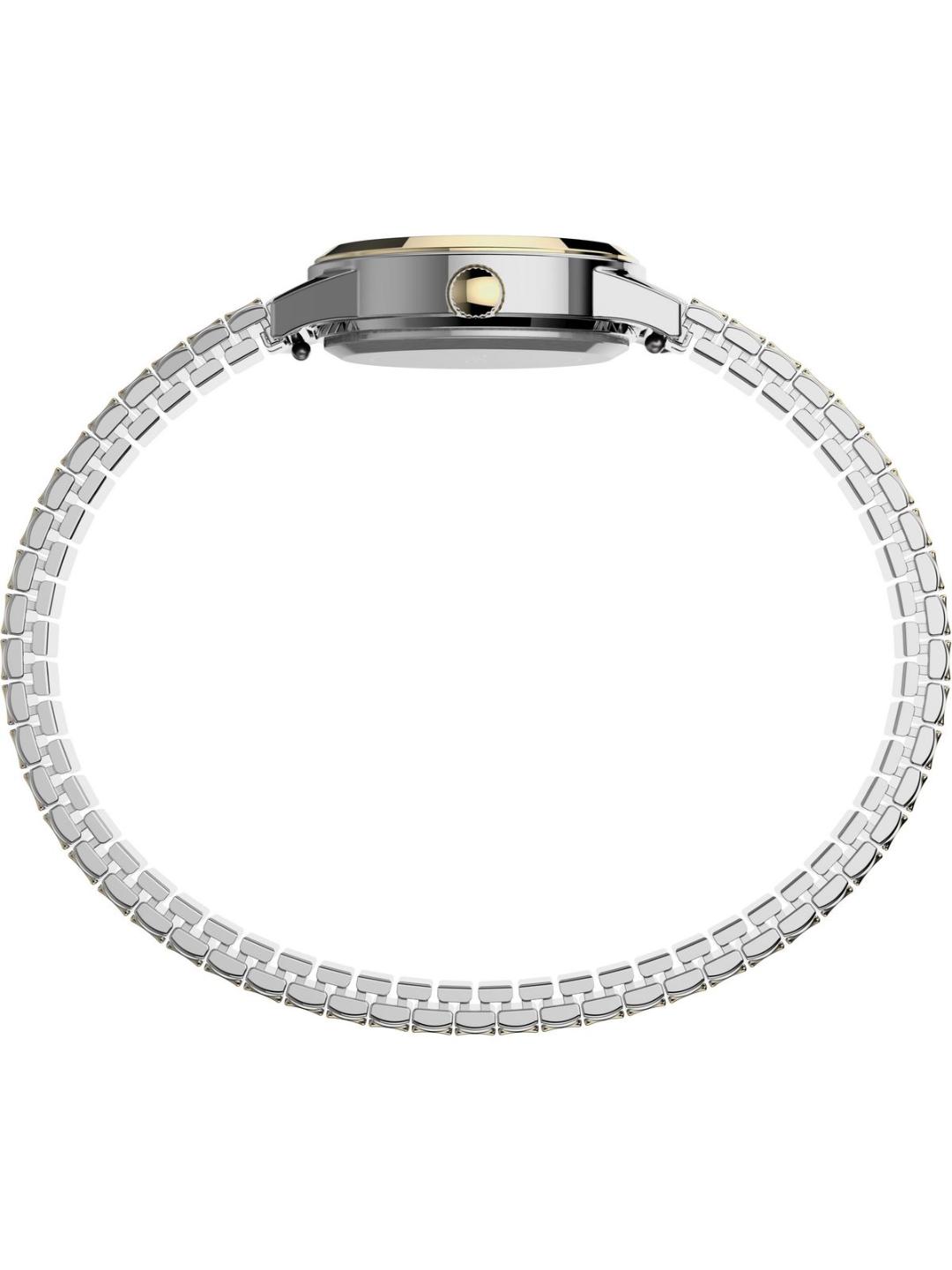Silver-toned stainless steel watch with a matching metal link bracelet, featuring a gold-tone crown accent on a plain white background.