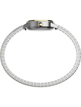 Silver-toned stainless steel watch with a matching metal link bracelet, featuring a gold-tone crown accent on a plain white background.