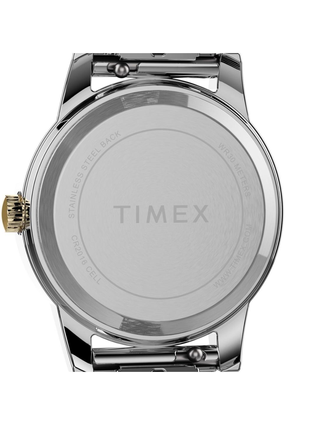 The back of a Timex stainless steel watch, showing the brushed silver case back with the TIMEX logo in the center and a gold-tone crown on the left, set against a plain white background.