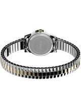 Timex women's watch shown from the back, featuring a silver-toned metal case and a multi-link bracelet with alternating silver, black, and gold-tone links, on a solid white background.