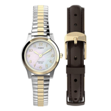 A Timex Indigo watch shown with its two-tone stainless steel and gold bracelet on the left, and a dark brown leather strap with a gold buckle on the right, against a plain white background.