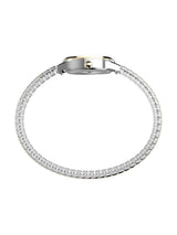 Silver-tone stainless steel watch with a matching metal link bracelet, shown from the back on a plain white background.