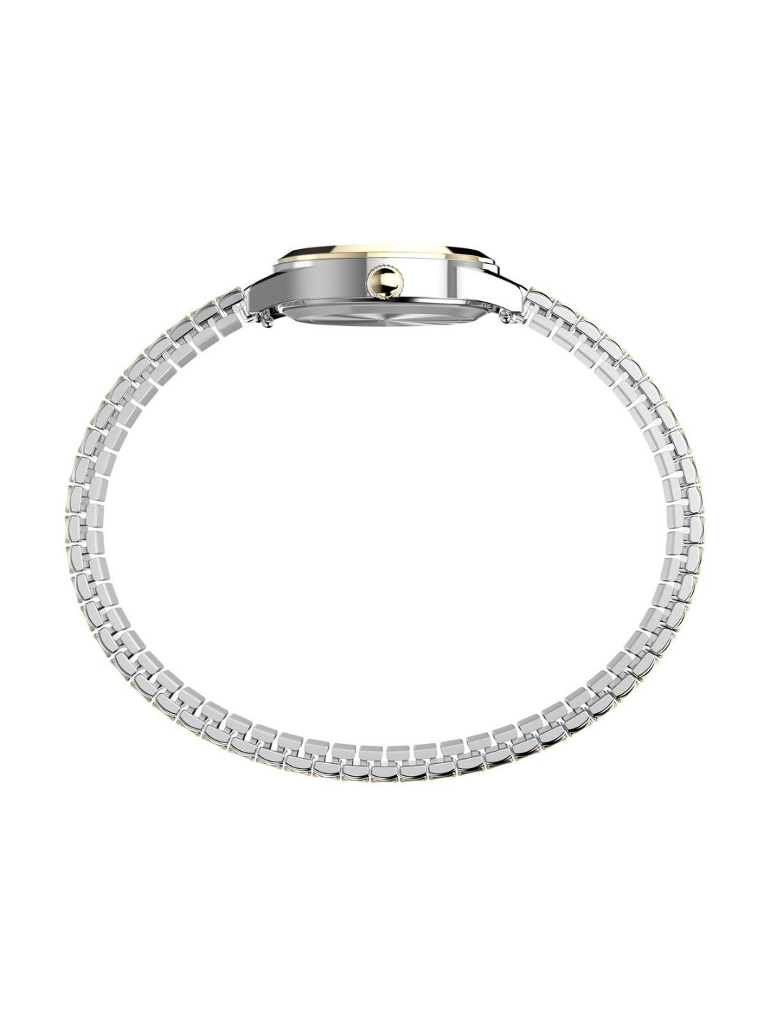 Silver-tone stainless steel watch with a matching metal link bracelet, shown from the back on a plain white background.