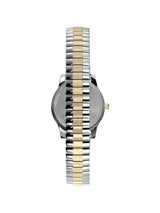 A two-tone stainless steel and gold watch shown from the back, featuring a round silver-toned case and a link bracelet with alternating silver and gold segments, set against a plain white background.