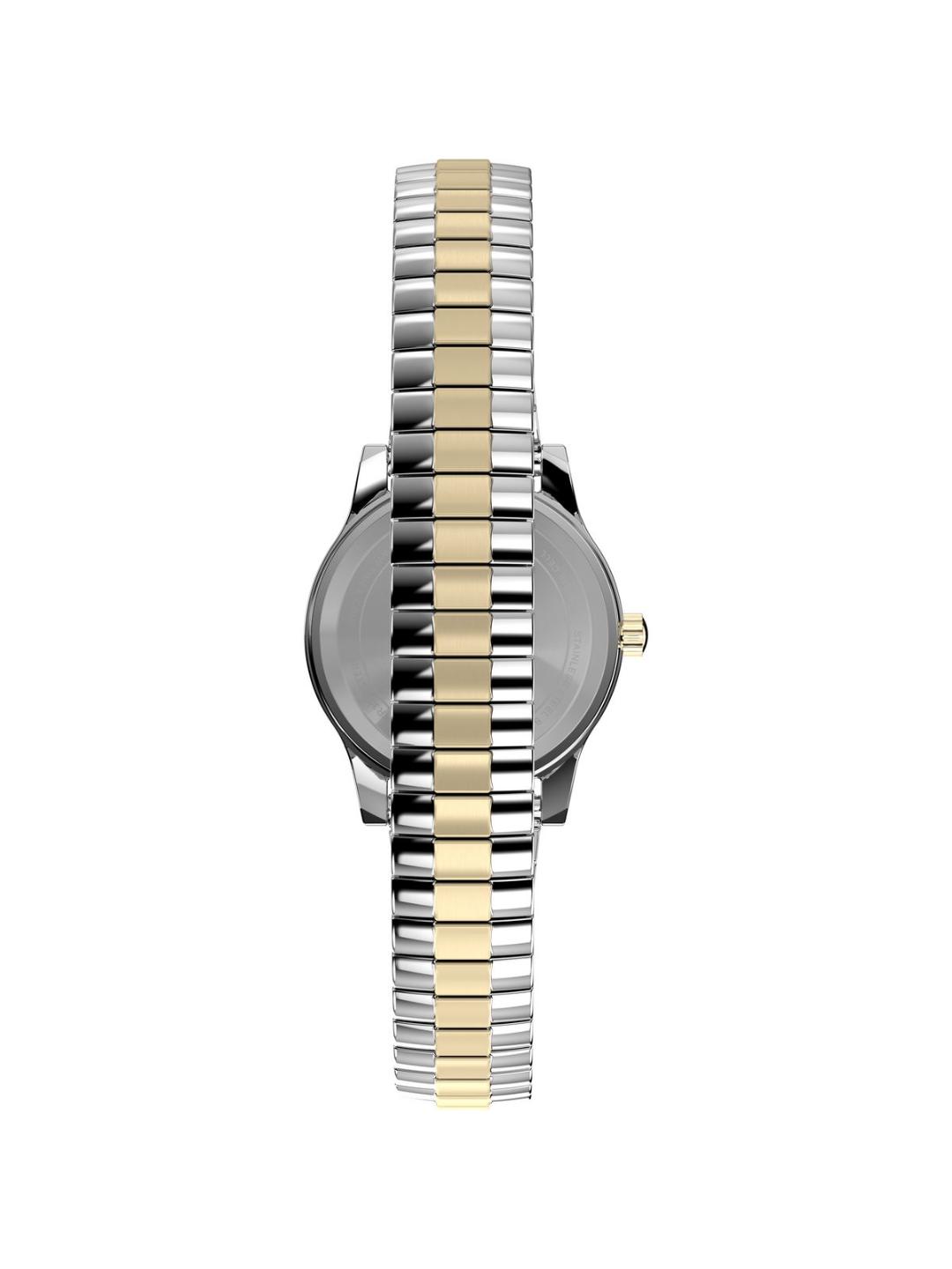 A two-tone stainless steel and gold watch shown from the back, featuring a round silver-toned case and a link bracelet with alternating silver and gold segments, set against a plain white background.