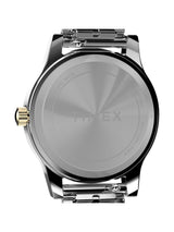 A two-tone stainless steel watch band with a silver and gold color combination, shown on a clean white background.