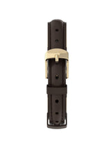 A dark brown leather watch strap with a polished gold-tone buckle, shown vertically against a plain white background.