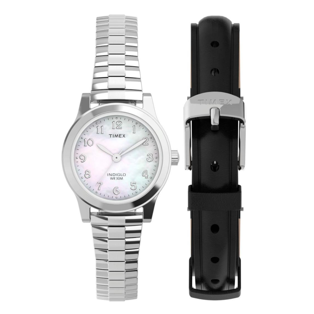 Timex watch with silver metal band and black leather strap on a white background