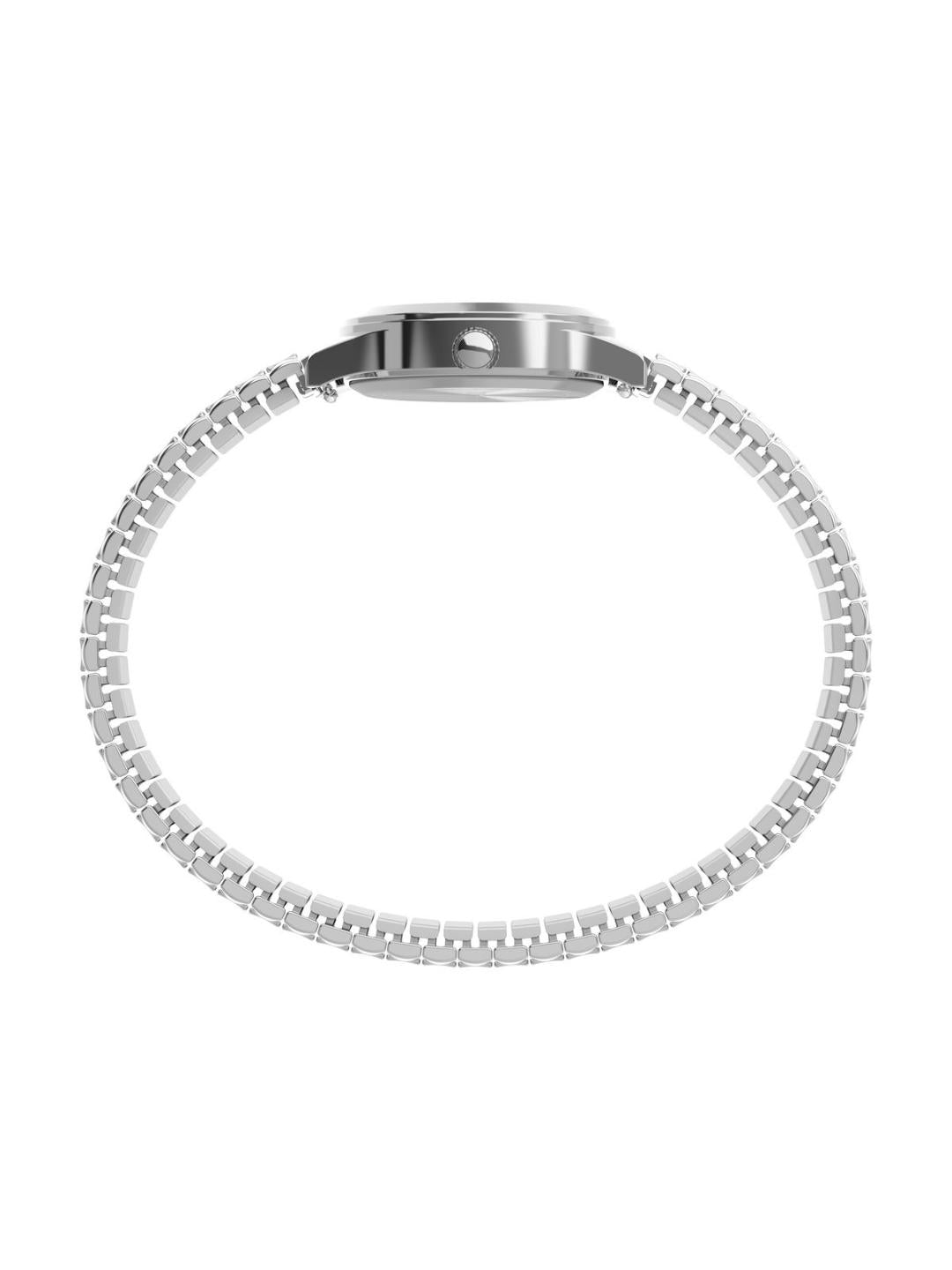 Silver stainless steel link watch band with a matching silver case, shown from the back on a plain white background.