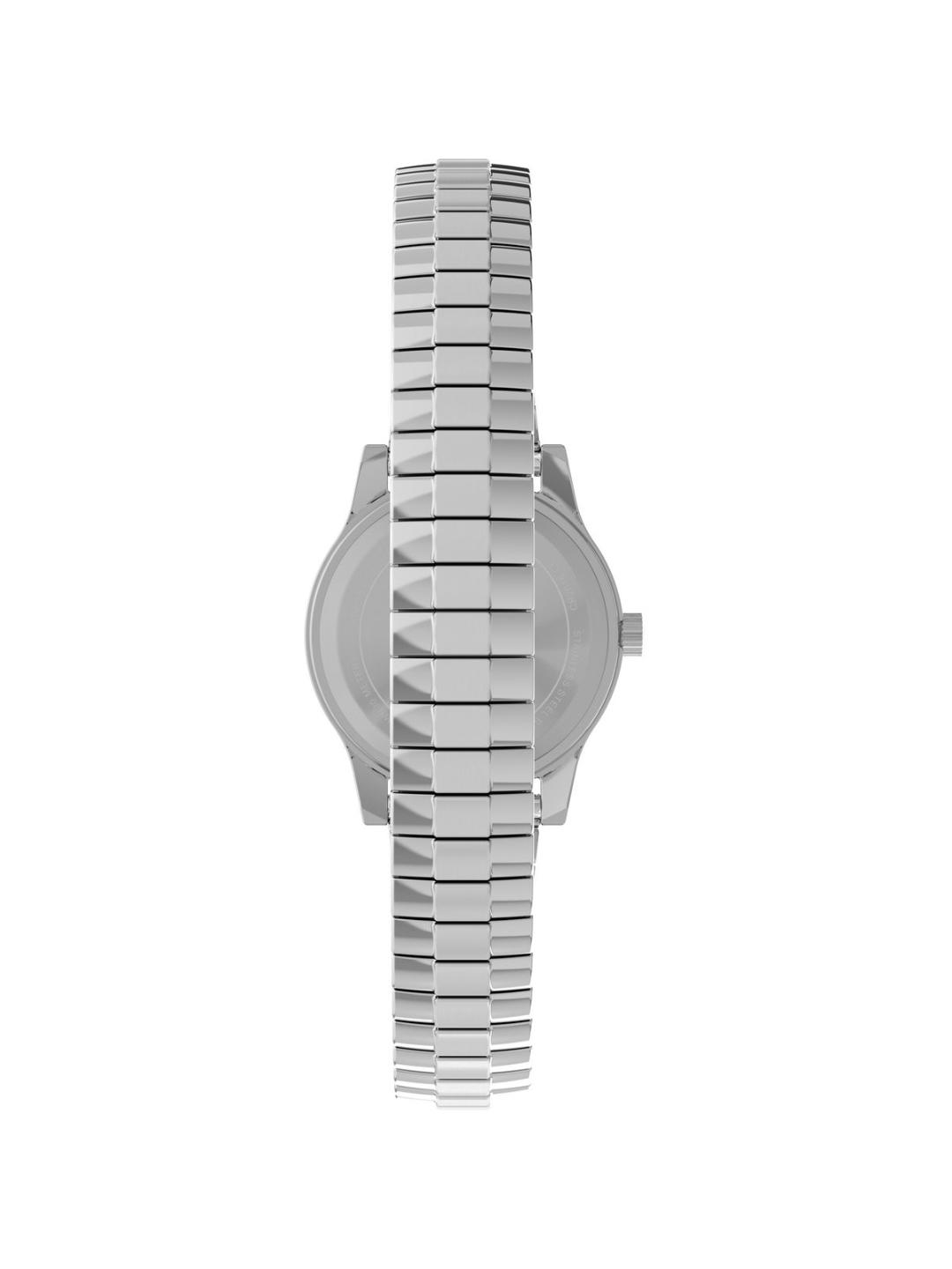 Silver stainless steel women's watch shown from the back, featuring a round case and a matching multi-link metal bracelet, isolated on a white background.
