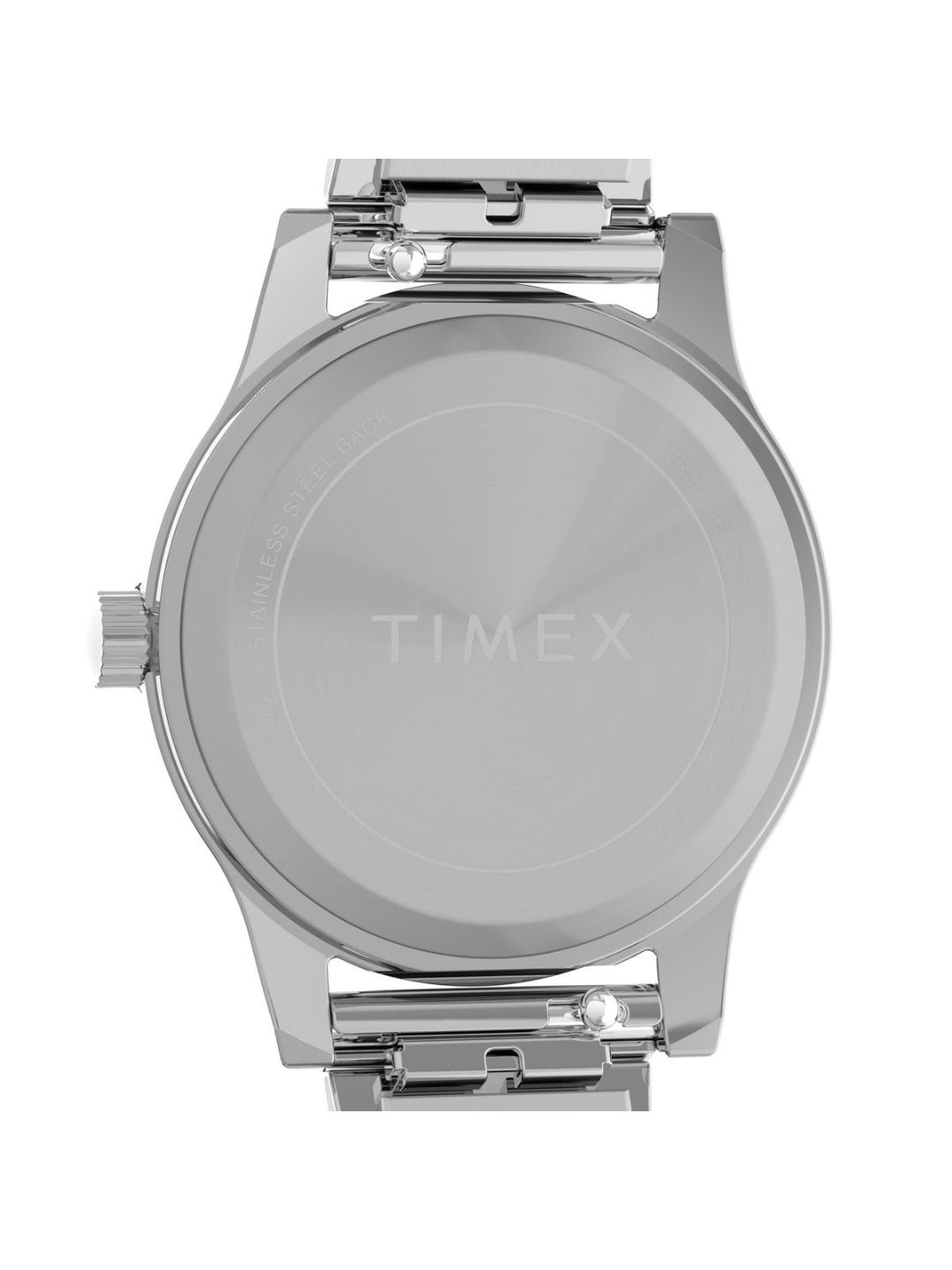 The back of a silver stainless steel Timex wristwatch, showing the brushed metal case back with the TIMEX logo embossed in the center and a matching metal link band.