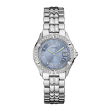 Silver watch with a blue face on a white background