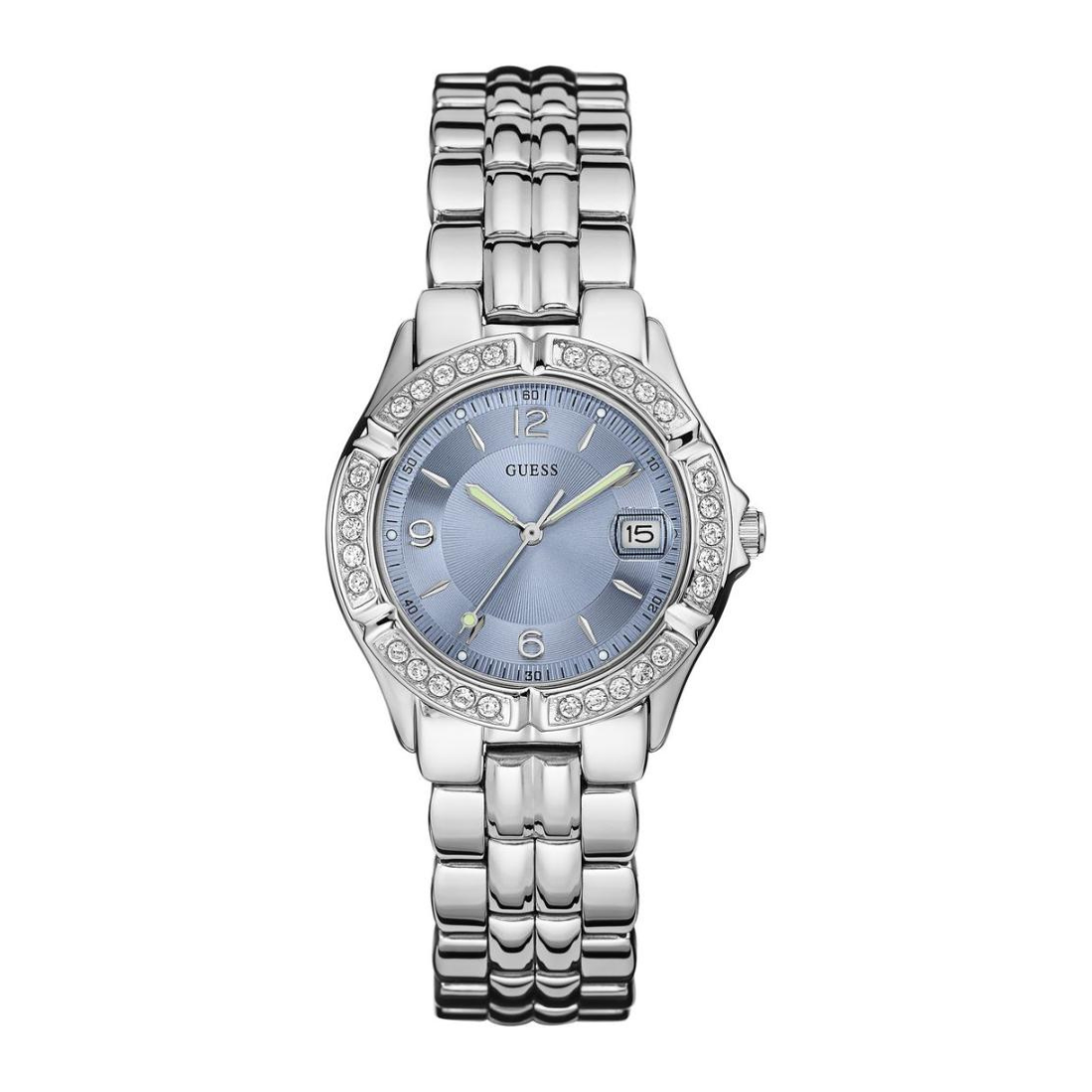 Silver watch with a blue face on a white background