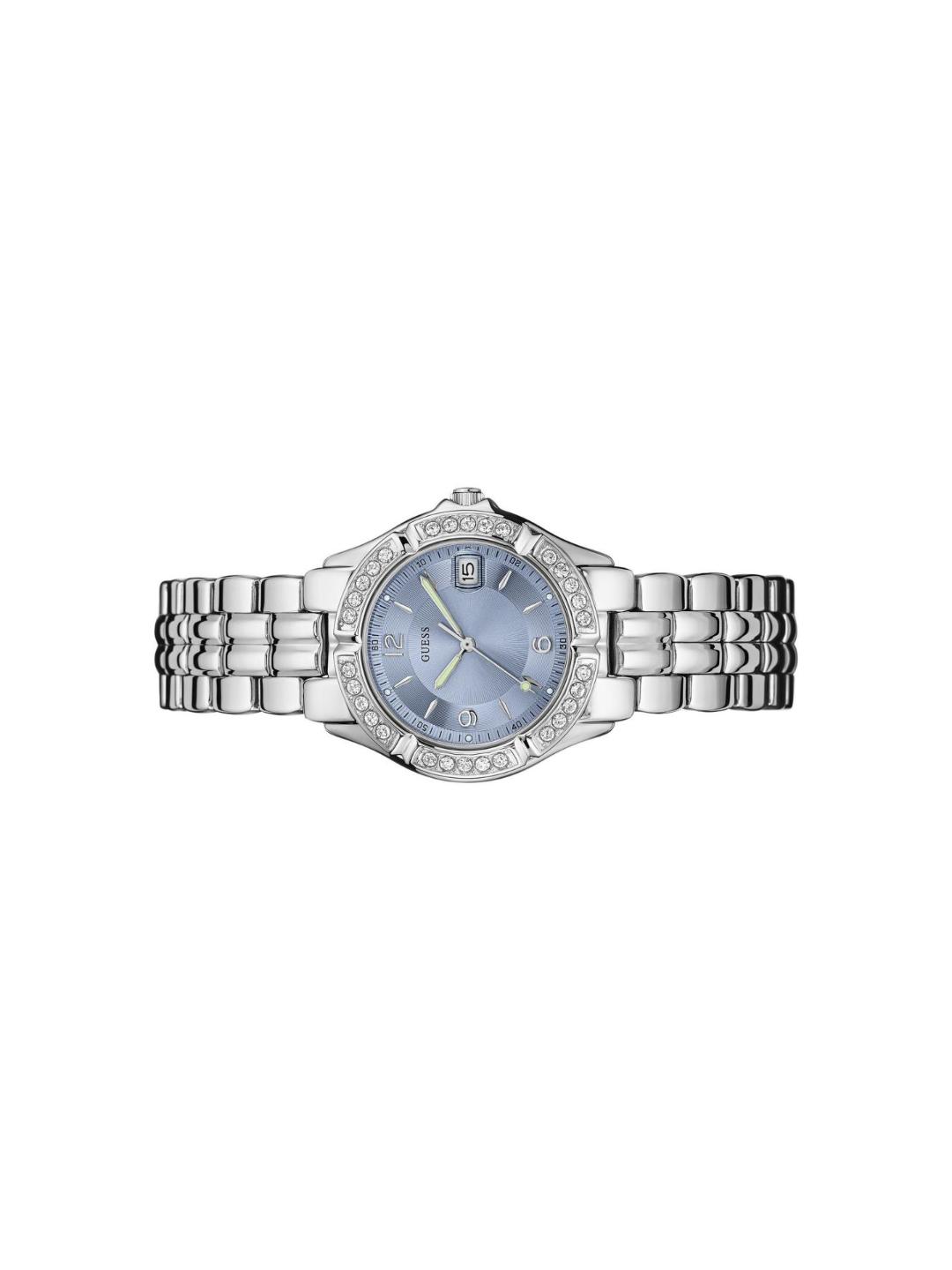 Silver watch with a blue face on a white background