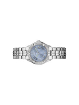 Silver watch with a blue face on a white background