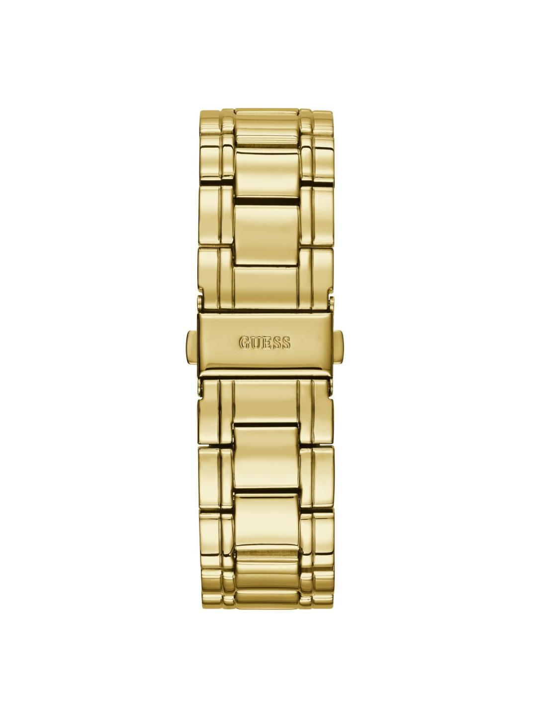 Gold watch with a visible brand logo on a white background