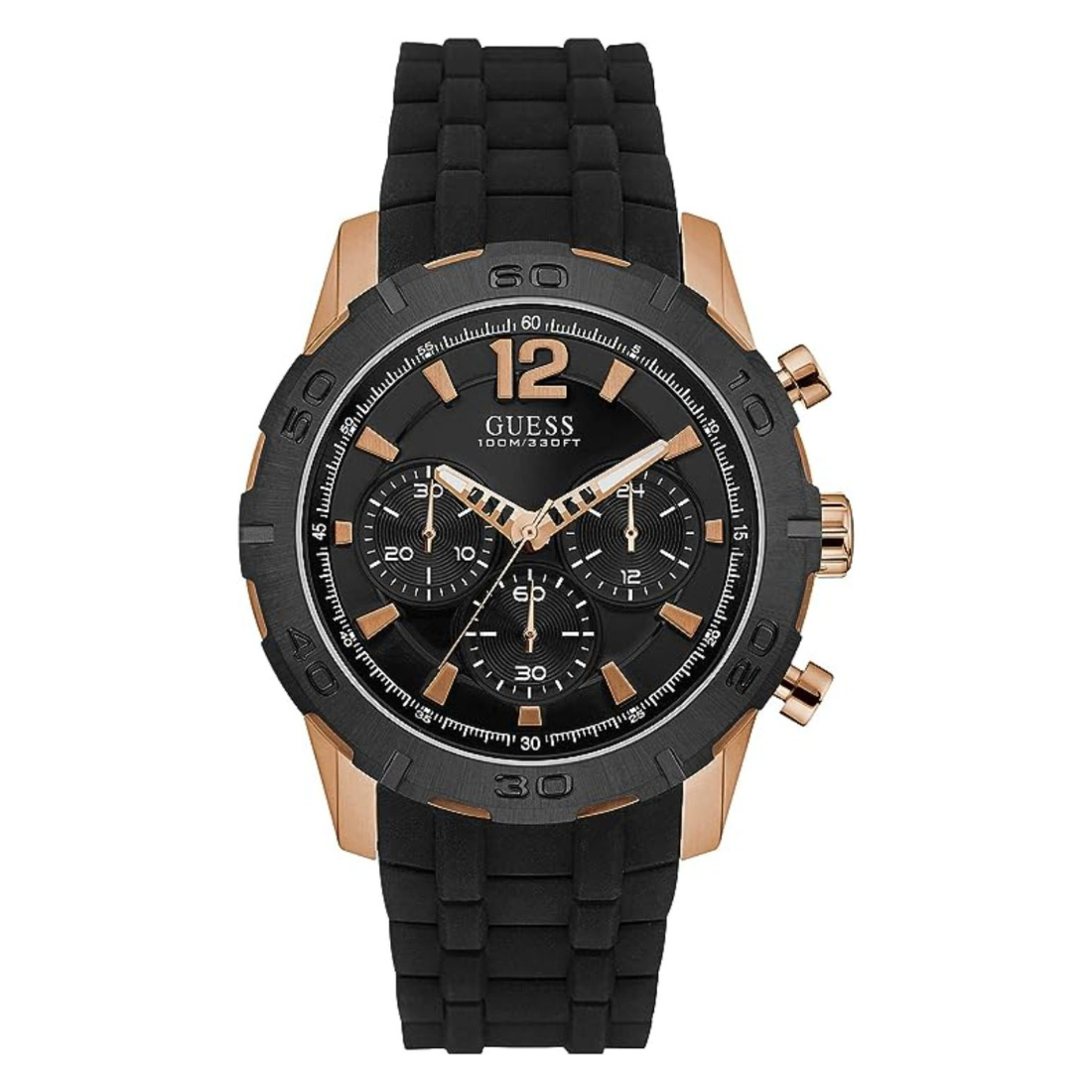 Black and rose gold watch with a white background