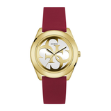 Gold watch with a red strap on a white background