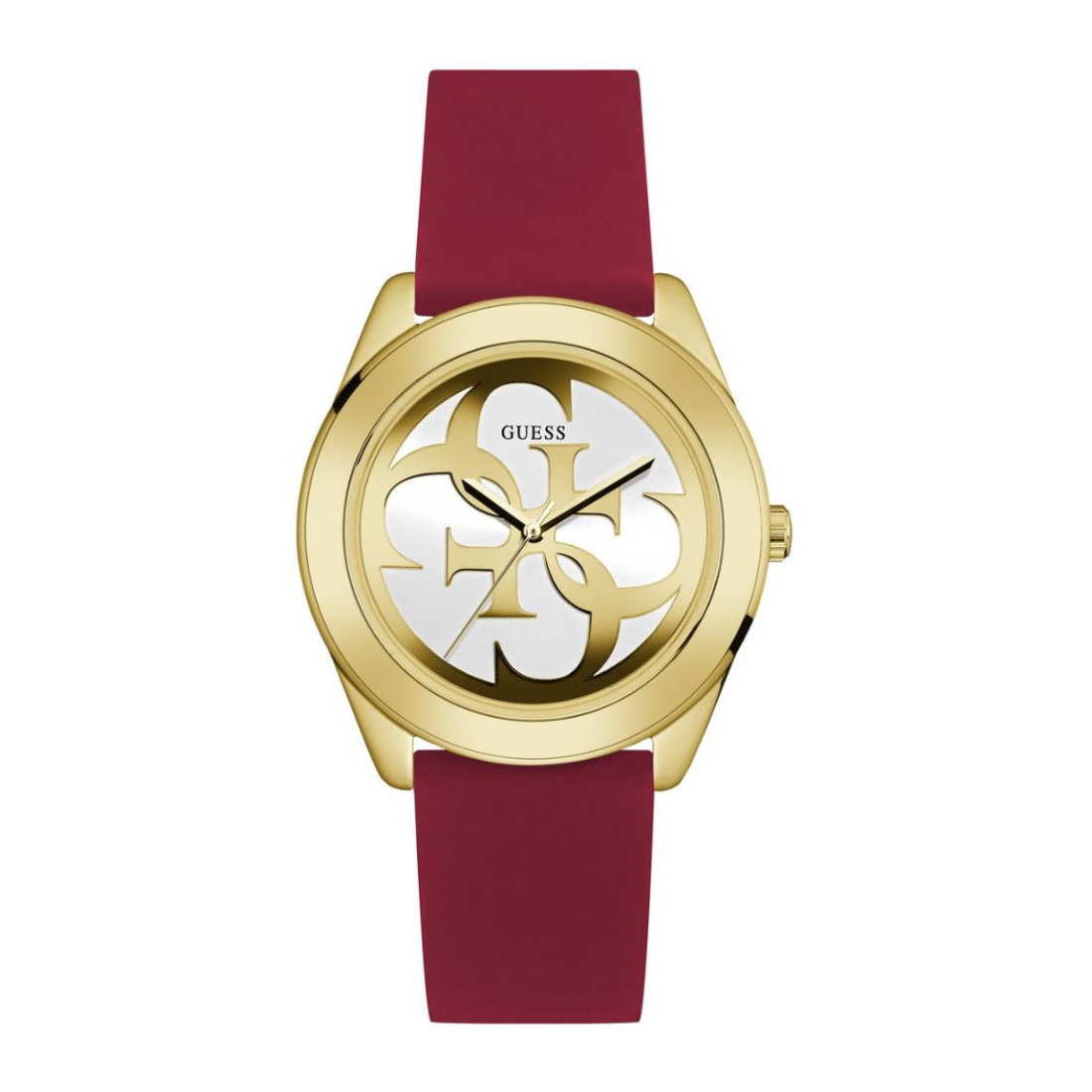 Gold watch with a red strap on a white background