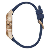 Watch with blue strap and rose gold case on a white background