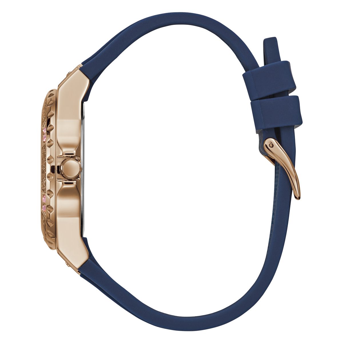 Watch with blue strap and rose gold case on a white background