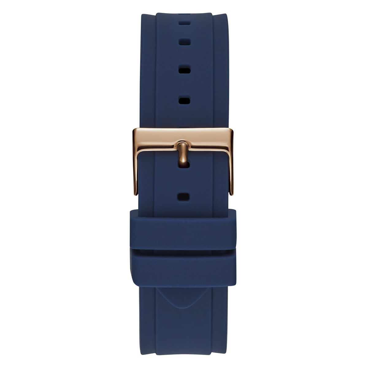 A navy blue silicone watch strap with a polished rose gold buckle, shown vertically against a solid white background.
