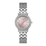 Silver watch with a pink face on a white background